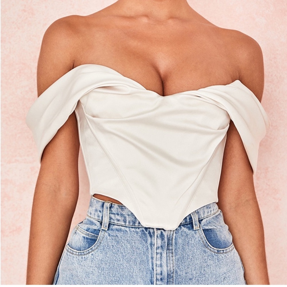 HOUSE OF CB 'SILVA' IVORY SATIN DRAPED SHOULDER CORSET TOP